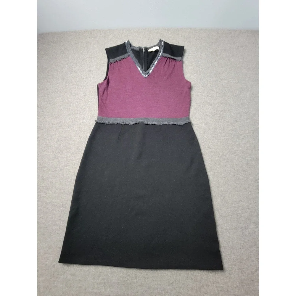 Tory Burch Women's Wool Blend Dress L Black Purple Sleeveless Sheath‎ Midi